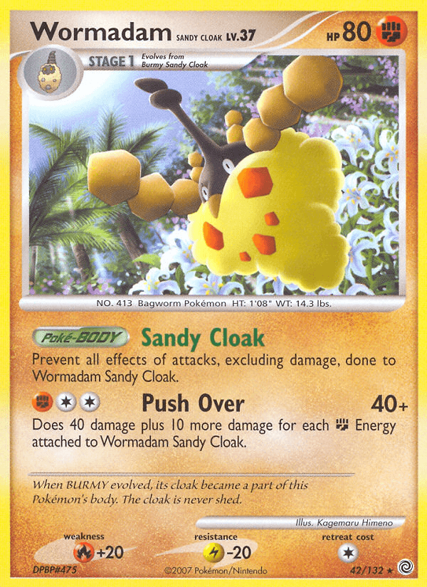When BURMY evolved, its cloak became a part of this Pokémon's body. The cloak is never shed.