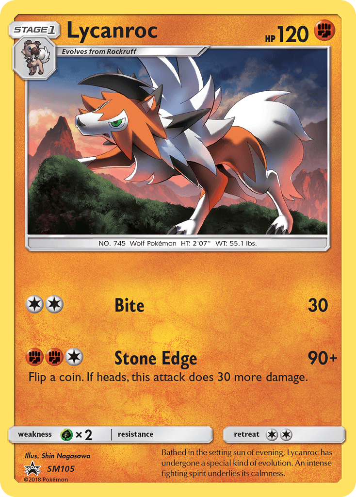 Bathed in the setting sun of evening, Lycanroc has undergone a special kind of evolution. An intense fighting spirit underlies its calmness.