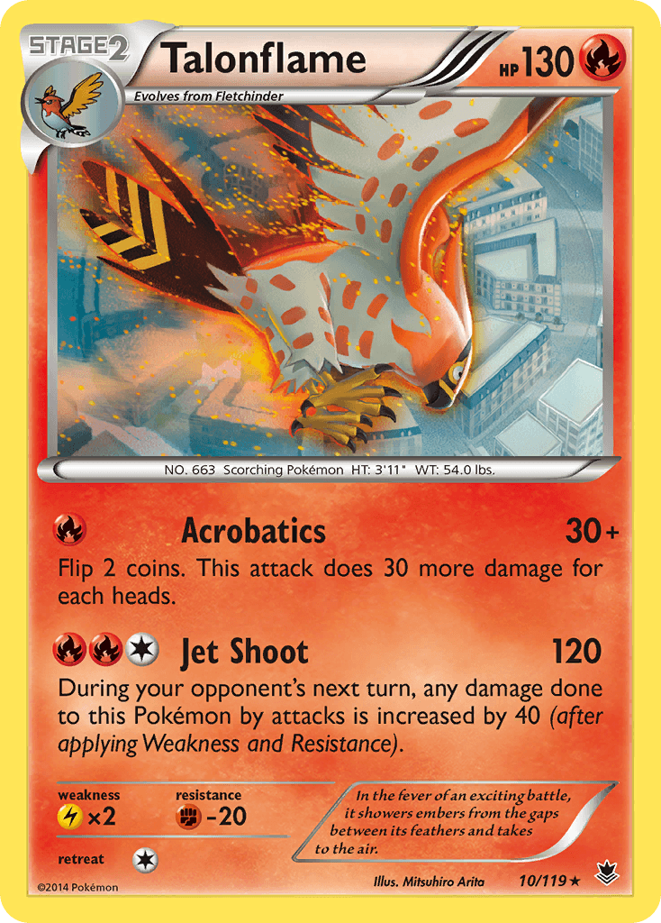 In the fever of an exciting battle, it showers embers from the gaps between its feathers and takes to the air.