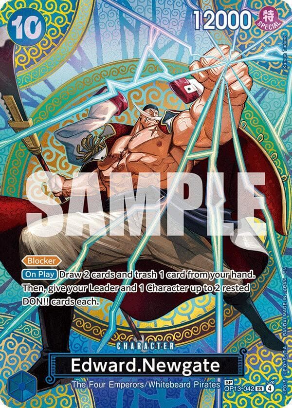 [Blocker]<br>
[On Play] Draw 2 cards and trash 1 card from your hand. Then, give your Leader and 1 Character up to 2 rested DON!! cards each.