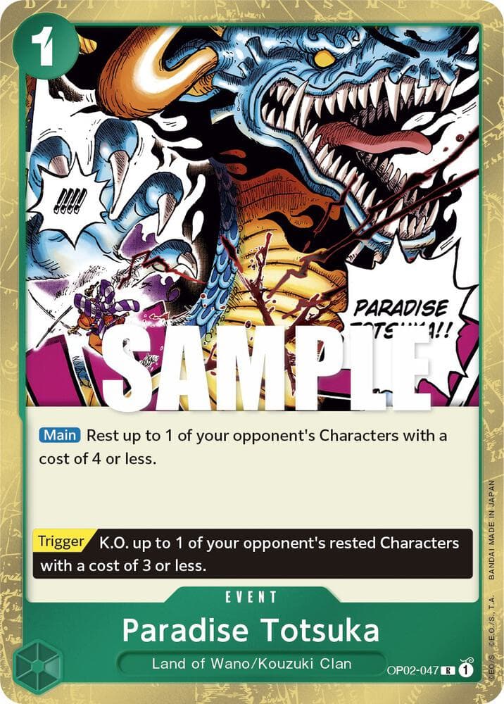 [Main] Rest up to 1 of your opponent's Characters with a cost of 4 or less.
<br>
[Trigger] K.O. up to 1 of your opponent's rested Characters with a cost of 3 or less.