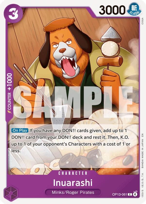 [On Play] If you have any DON!! cards given, add up to 1 DON!! card from your DON!! deck and rest it. Then, K.O. up to 1 of your opponent's Characters with a cost of 1 or less.