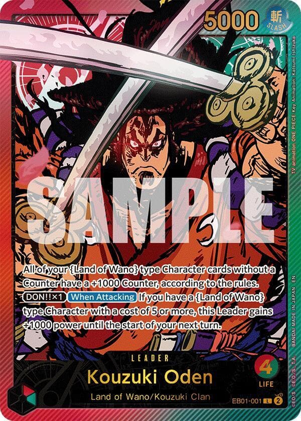 All of your "Land of Wano" type Character cards without a Counter have a +1000 Counter, according to the rules.<br>
[DON!! x1] [When Attacking] If you have a "Land of Wano" type Character with a cost of 5 or more, this Leader gains +1000 power until the start of your next turn.