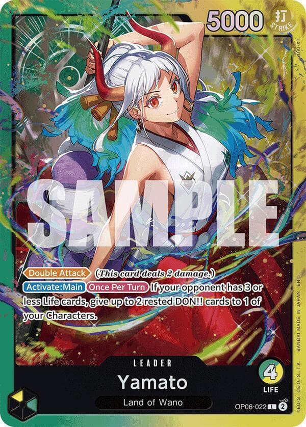 [Double Attack] <em>(This card deals 2 damage.)</em>
<br>[Activate:Main] [Once Per Turn] If your opponent has 3 or less Life cards, give up to 2 rested DON!! cards to 1 of your Characters.