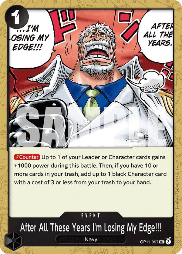 [Counter] Up to 1 of your Leader or Character cards gains +1000 power during this battle. Then, if you have 10 or more cards in your trash, add up to 1 black Character card with a cost of 3 or less from your trash to your hand.