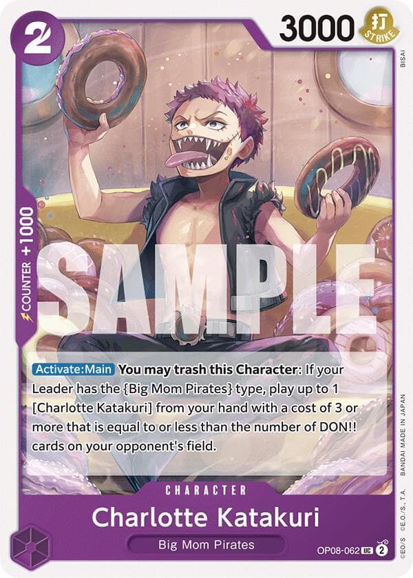 [Activate:Main] You may trash this Character: If your Leader has the {Big Mom Pirates} type, play up to 1 [Charlotte Katakuri] from your hand with a cost of 3 or more that is equal to or less than the number of DON!! cards on your opponent's field.