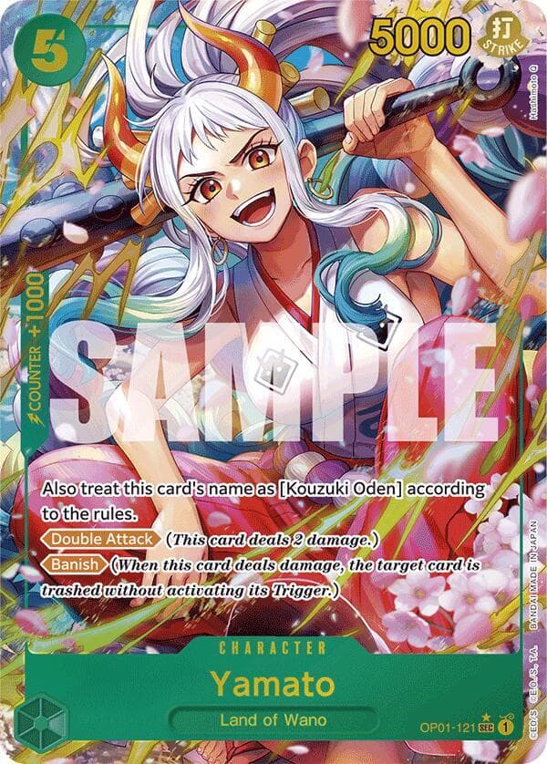Also treat this card's name as [Kouzuki Oden] according to the rules.
<br>
[Double Attack] <em>(This card deals 2 damage.)</em>
<br>
[Banish] <em>(When this card deals damage, the target card is trashed without activating its Trigger.)</em>