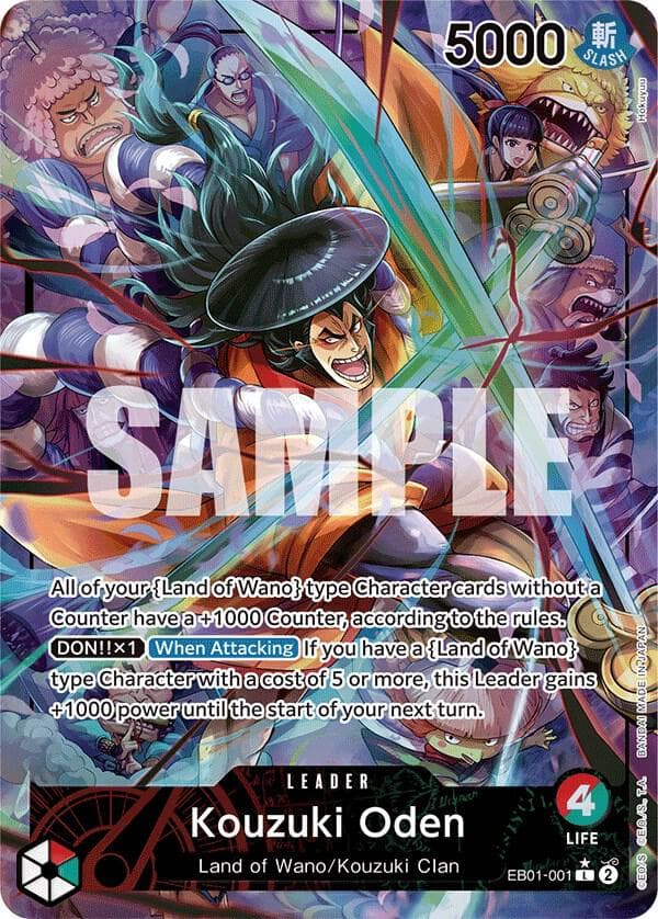 All of your [Land of Wano] type Character cards without a Counter have a +1000 Counter, according to the rules.
<br>
[DON!! x1] [When Attacking] If you have a [Land of Wano] type Character with a cost of 5 or more, this Leader gains +1000 power until the start of your next turn.