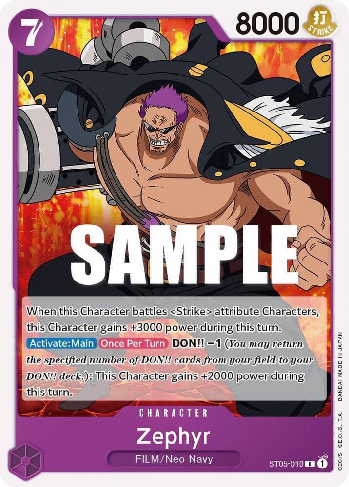When this Character battles "Strike" attribute Characters, this Character gains +3000 power during this turn.
<br>
[Activate:Main] [Once Per Turn] DON!! -1 <em>(You may return the specified number of DON!! cards from your field to your DON!! deck.)</em>: This Character gains +2000 power during this turn.