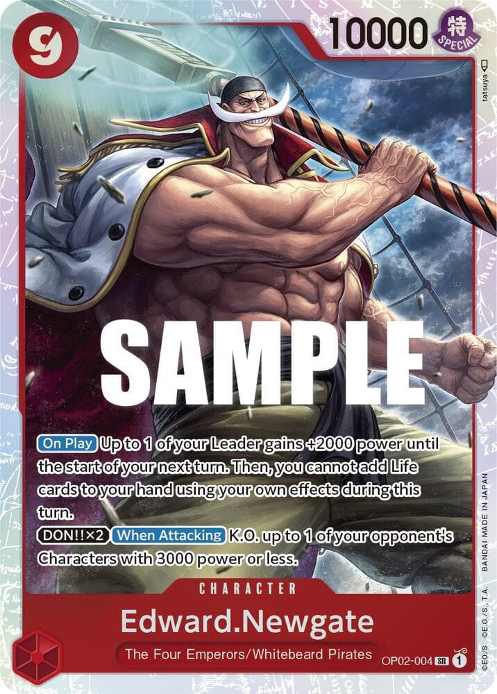 [On Play] Up to 1 of your Leader gains +2000 power until the start of your next turn. Then, you cannot add Life cards to your hand using your own effects during this turn.
<br>
[DON!! x2] [When Attacking] K.O. up to 1 of your opponent's Characters with 3000 power or less.