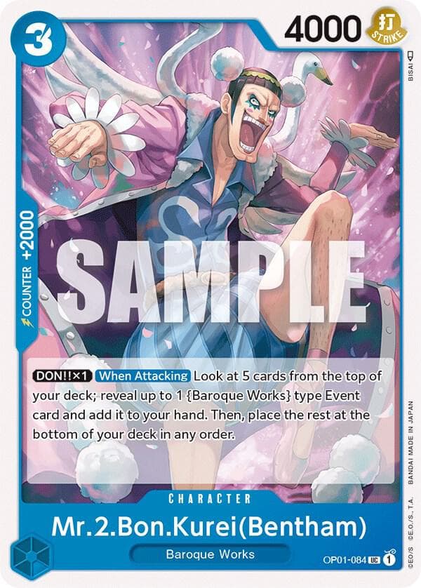 [DON!! x1] [When Attacking] Look at 5 cards from the top of your deck; reveal up to 1 "Baroque Works" type Event card and add it to your hand. Then, place the rest at the bottom of your deck in any order.
<br><br>
<a href="https://en.onepiece-cardgame.com/rules/errata_card/#group_20221111-53">This card has been officially errata'd.</a>