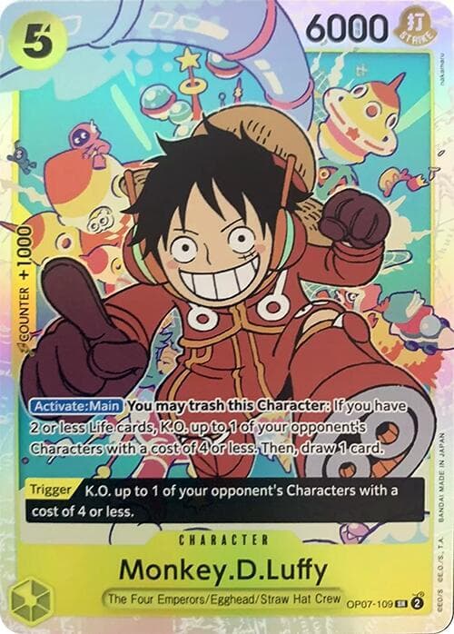 [Activate: Main]<strong>You may trash this Character</strong>: If you have 2 or less Life cards, K.O. up to 1 of your opponent's Characters with a cost of 4 or less. Then, draw 1 card.
<br>
[Trigger] K.O. up to 1 of your opponent's Characters with a cost of 4 or less.