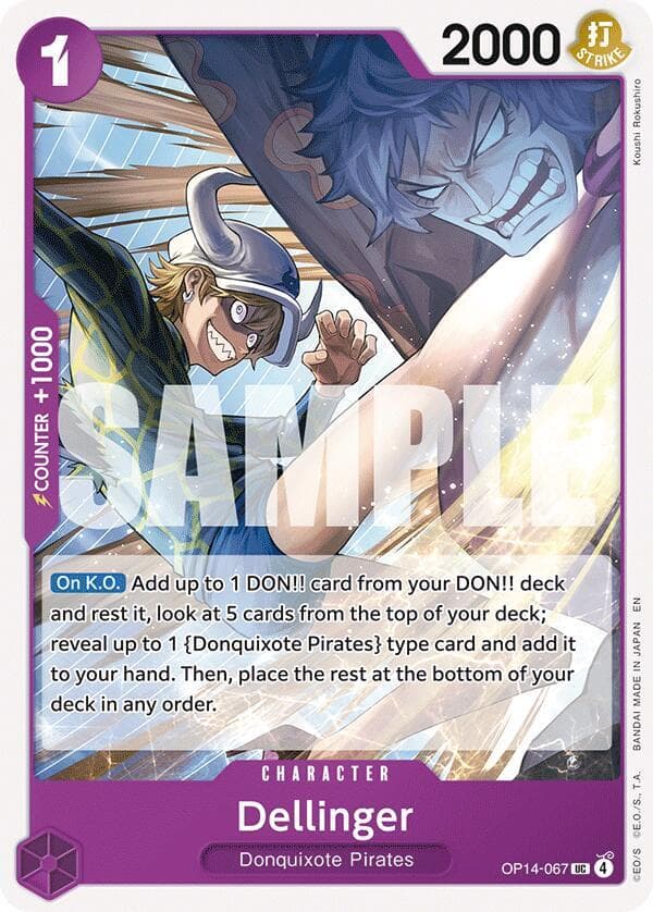 [On K.O.] Add up to 1 DON!! card from your DON!! deck and rest it, look at 5 cards from the top of your deck; reveal up to 1 {Donquixote Pirates} type card and add it to your hand. Then, place the rest at the bottom of your deck in any order.