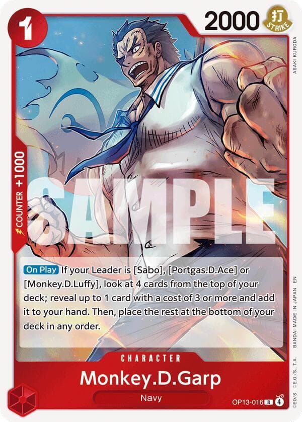 [On Play] If your Leader is [Sabo], [Portgas.D.Ace] or [Monkey.D.Luffy], look at 4 cards from the top of your deck; reveal up to 1 card with a cost of 3 or more and add it to your hand. Then, place the rest at the bottom of your deck in any order.
