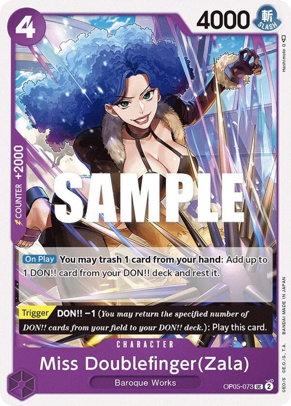 [On Play] <strong>You may trash 1 card from your hand</strong>: Add up to 1 DON!! card from your DON!! deck and rest it.
<br>
[Trigger] DON!! -1 <em>(You may return the specified number of DON!! cards from your field to your DON!! deck.)</em>: Play this card.