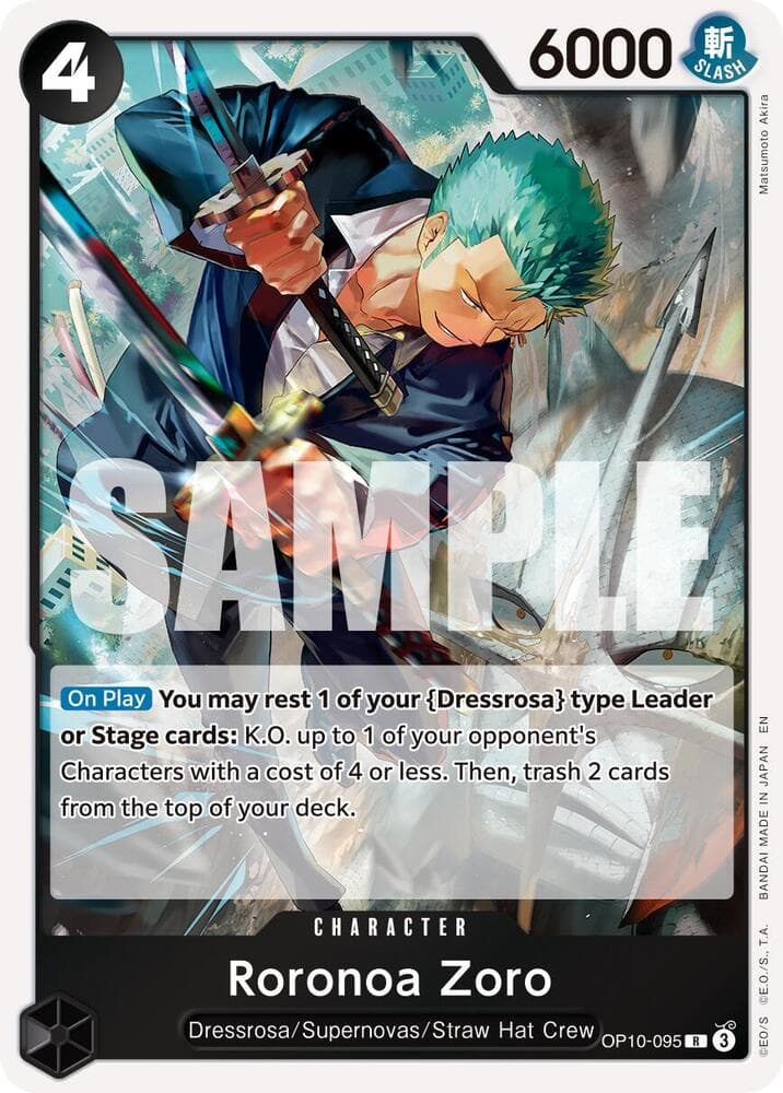 [On Play] <strong>You may rest 1 of your "Dressrosa" type Leader or Stage cards:</strong> K.O. up to 1 of your opponent's Characters with a cost of 4 or less. Then, trash 2 cards from the top of your deck.

<br>
<br><span style="color: red;">Disclaimer: This card was reprinted from the original set with changes to the copyright information (Note: the original print did not include "EN" a