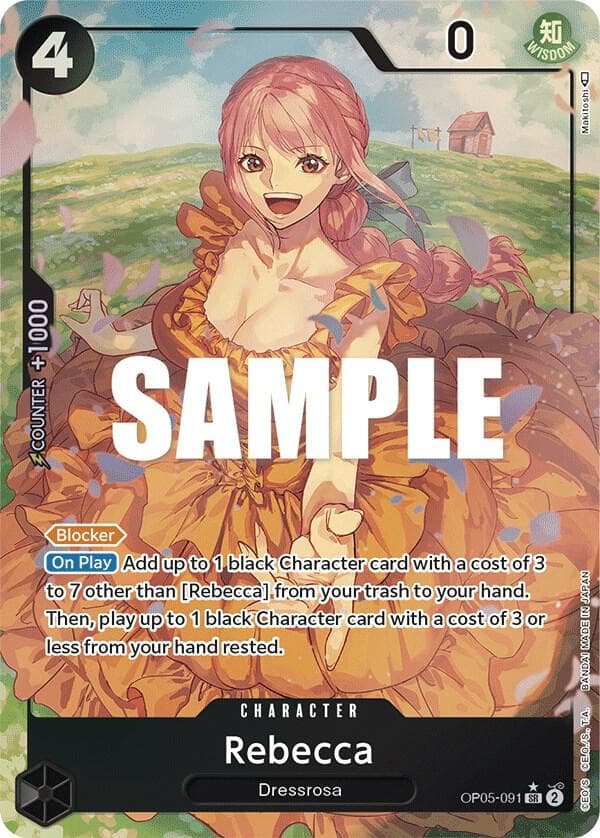 [Blocker]
<br>
[On Play] Add up to 1 black Character card with a cost of 3 to 7 other than [Rebecca] from your trash to your hand. Then, play up to 1 black Character card with a cost of 3 or less from your hand rested.