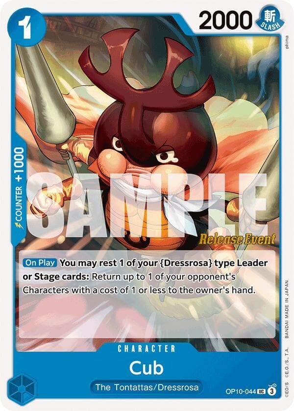 [On Play] <strong>You may rest 1 of your "Dressrosa" type Leader or Stage cards:</strong> Return up to 1 of your opponent's Characters with a cost of 1 or less to the owner's hand.
