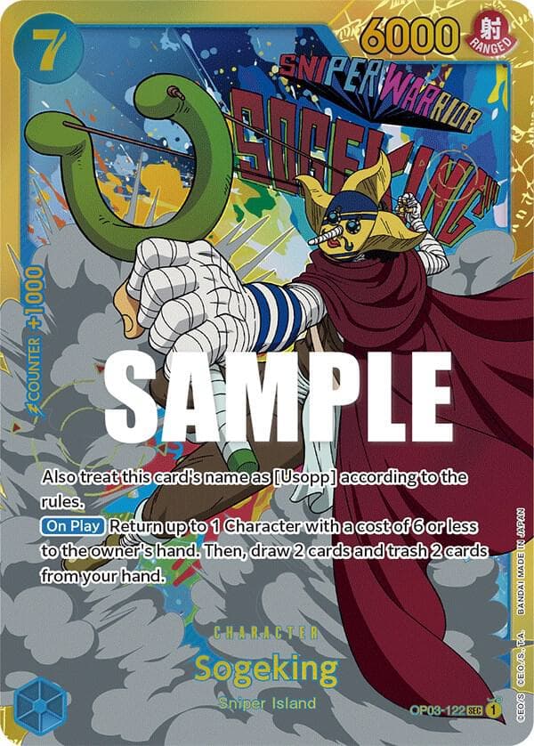 Also treat this card's name as [Usopp] according to the rules.
<br>
[On Play] Return up to 1 Character with a cost of 6 or less to the owner's hand. Then, draw 2 cards and trash 2 cards from your hand.
