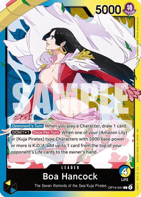 [Opponent's Turn] When you play a Character, draw 1 card.
<br>[DON!!x1] [Once Per Turn] When one of your {Amazon Lily} or {Kuja Pirates} type Characters with 5000 base power or more is K.O.'d add up to 1 card from the top of your opponent's Life cards to the owner's hand.