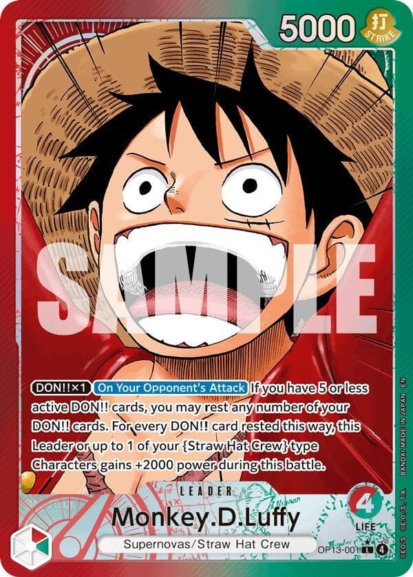 [DON!! x1] [On Your Opponent's Attack] If you have 5 or less active DON!! cards, you may rest any number of your DON!! cards. For every DON!! card rested this way, this Leader or up to 1 of your "Straw Hat Crew" type Characters gains +2000 power during this battle.