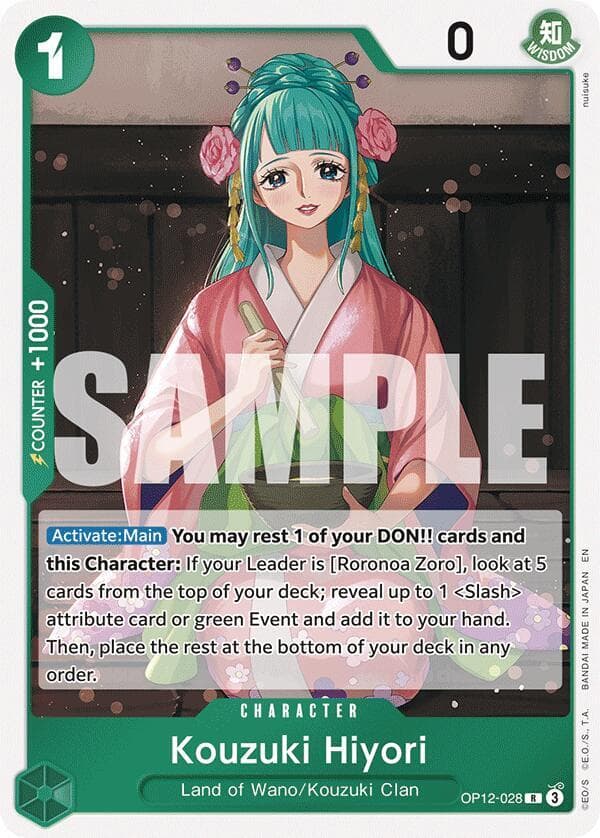 [Activate: Main] <strong>You may rest 1 of your DON!! cards and this Character:</strong> If your Leader is [Roronoa Zoro], look at 5 cards from the top of your deck; reveal up to 1 (Slash) attribute card or green Event and add it to your hand. Then, place the rest at the bottom of your deck in any order.