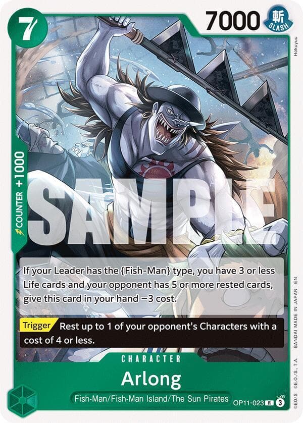 If your Leader has the "Fish-Man" type, you have 3 or less Life cards and your opponent has 5 or more rested cards, give this card in your hand 3 cost.<br>
[Trigger] Rest up to 1 of your opponent's Characters with a cost of 4 or less.