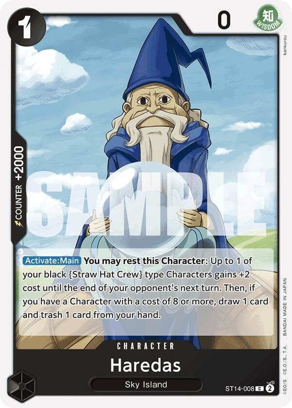 [Activate:Main] <strong>You may rest this Character</strong>: Up to 1 of your black "Straw Hat Crew" type Characters gains +2 cost until the end of your opponent's next turn. Then, if you have a Character with a cost of 8 or more, draw 1 card and trash 1 card from your hand.