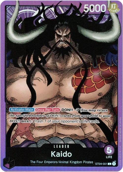 [Activate: Main] [Once Per Turn] DON!! -7 <em>(You may return the specified number of DON!! cards from your field to your DON!! deck.)</em>: Trash <span style="color:red">up to</span> 1 of your opponent's Life cards.
<br><strong><span style="color:red">Disclaimer: This card has been re-printed with new errata'd text as part of the Revision Pack cards series. This product page is for the 