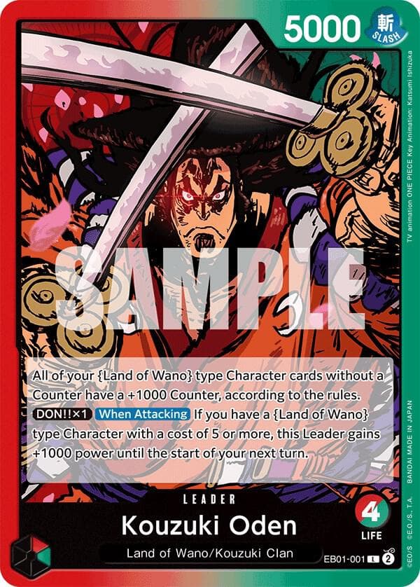 All of your [Land of Wano] type Character cards without a Counter have a +1000 Counter, according to the rules.
<br>
[DON!! x1] [When Attacking] If you have a [Land of Wano] type Character with a cost of 5 or more, this Leader gains +1000 power until the start of your next turn.
