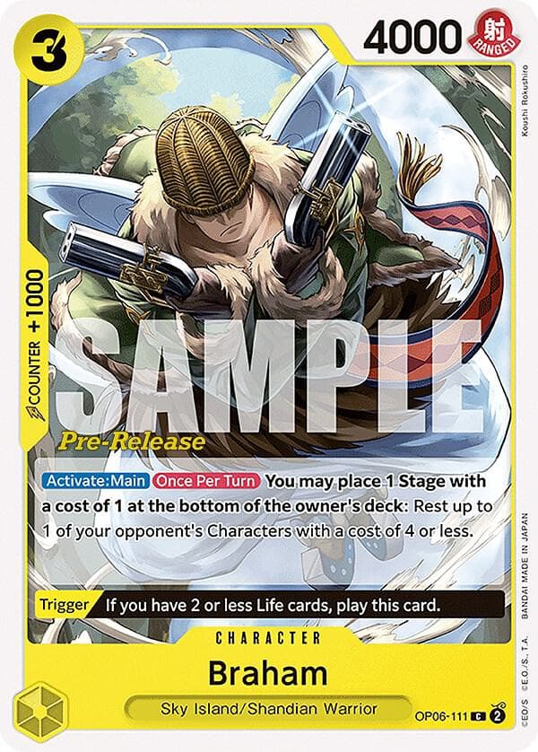 [Activate:Main][Once Per Turn] <strong>You may place 1 Stage with a cost of 1 at the bottom of the owner's deck</strong>: Rest up to 1 of your opponent's Characters with a cost of 4 or less.
<br>
<br>
<br>
[Trigger] If you have 2 or less Life cards, play this card.
