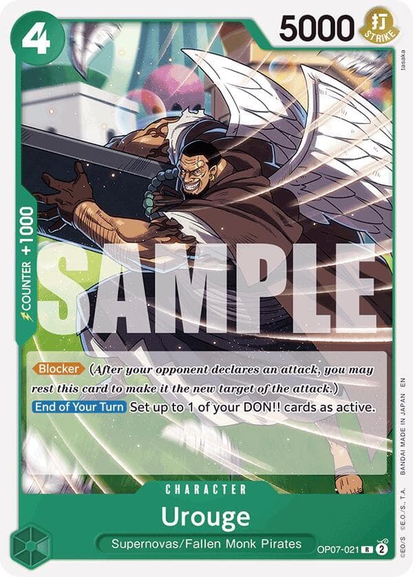 [Blocker] <em>(After your opponent declares an attack, you may rest this card to make it the new target of the attack.)</em>
<br>[End of Your Turn] Set up to 1 of your DON!! cards as active.
<br>
<br><span style="color:red">DISCLAIMER: This card is a reprint of the pre-existing card in the OP07 set. The main difference between this card and the original print is the inclusion of "EN" on 