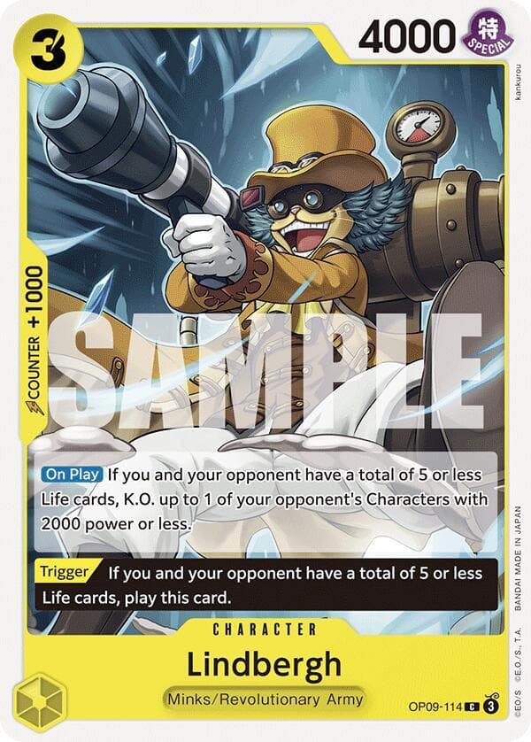 [On Play] If you and your opponent have a total of 5 or less Life cards, K.O. up to 1 of your opponent's Characters with 2000 power or less.<br>
[Trigger] If you and your opponent have a total of 5 or less Life cards, play this card.