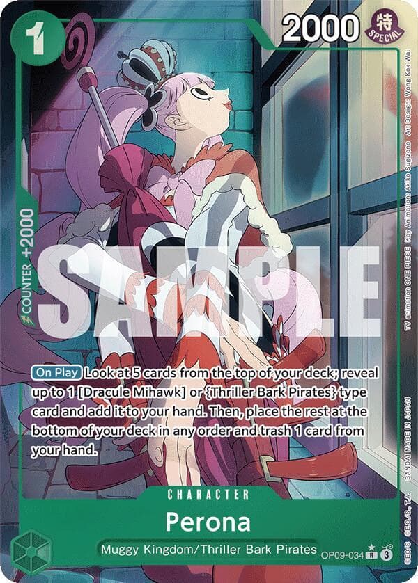 [On Play] Look at 5 cards from the top of your deck; reveal up to 1 [Dracule Mihawk] or "Thriller Bark Pirates" type card and add it to your hand. Then, place the rest at the bottom of your deck in any order and trash 1 card from your hand.