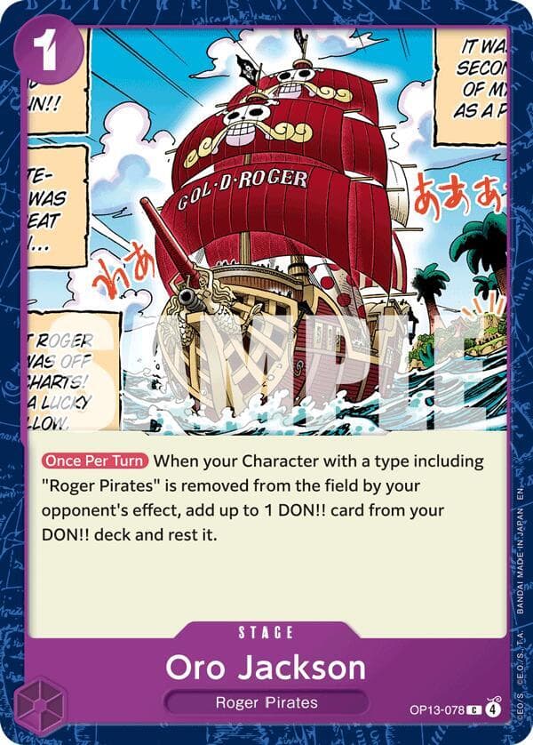 [Once Per Turn] When your Character with a type including "Roger Pirates" is removed from the field by your opponent's effect, add up to 1 DON!! card from your DON!! deck and rest it.