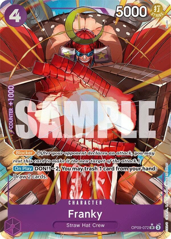 [Blocker] <em>(After your opponent declares an attack, you may rest this card to make it the new target of the attack.)</em><br>
[On Play] <strong>DON!! 2, You may trash 1 card from your hand</strong>: Draw 2 cards.