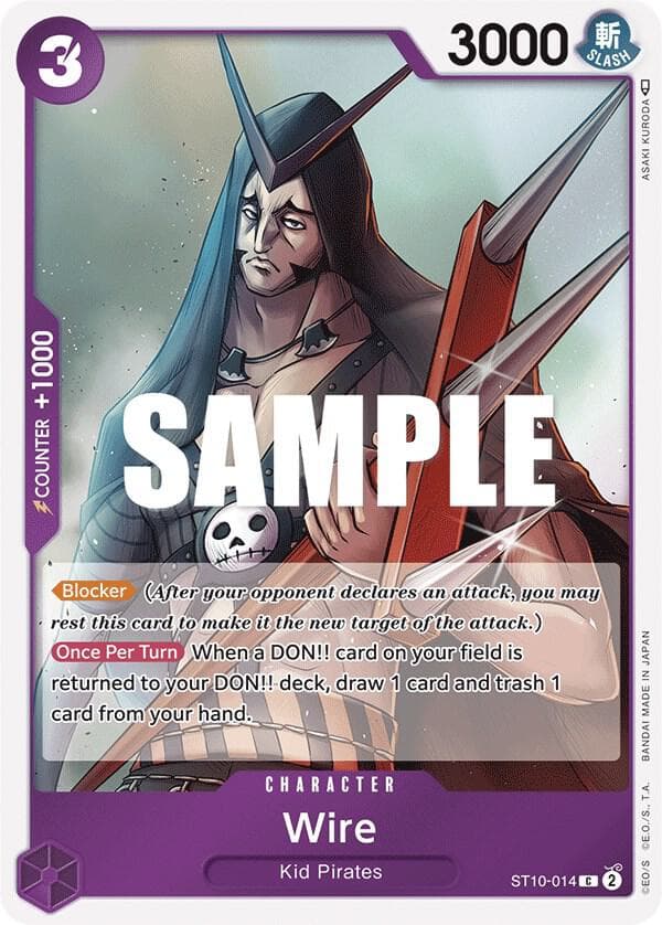 [Blocker] <em>(After your opponent declares an attack, you may rest this card to make it the new target of the attack.)</em>
<br>
[Once Per Turn] When a DON!! card on your field is returned to your DON!! deck, draw 1 card and trash 1 card from your hand.