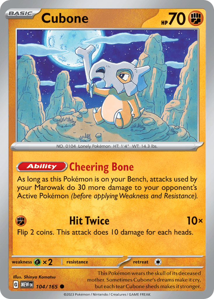 This Pokémon wears the skull of its deceased mother. Sometimes Cubone's dreams make it cry, but each tear Cubone sheds makes it stronger.