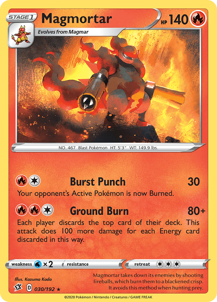 Magmortar takes down its enemies by shooting fireballs, which burn them to a blackened crisp. It avoids this method when hunting prey.