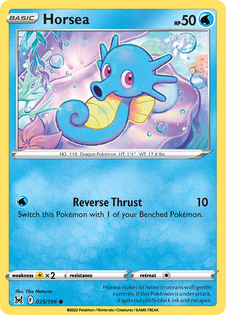 Horsea makes its home in oceans with gentle currents. If this Pokémon is under attack, it spits out pitch-black ink and escapes.