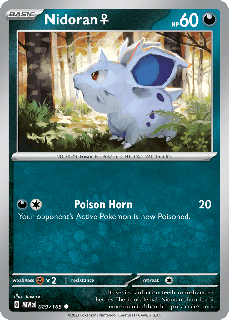 It uses its hard incisor teeth to crush and eat berries. The tip of a female Nidoran's horn is a bit more rounded than the tip of a male's horn.
