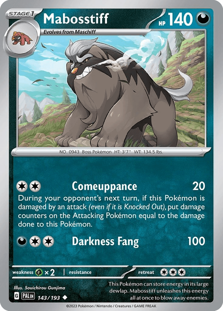This Pokémon can store energy in its large dewlap. Mabosstiff unleashes this energy all at once to blow away enemies.