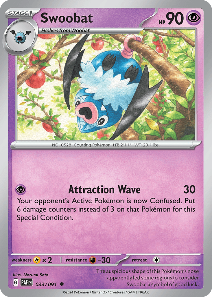 The auspicious shape of this Pokémon's nose apparently led some regions to consider Swoobat a symbol of good luck.