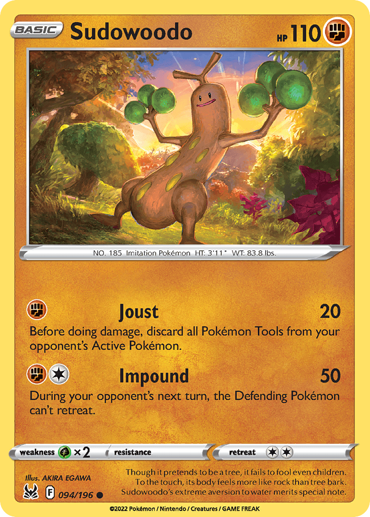 Though it pretends to be a tree, it fails to fool even children. To the touch, its body feels more like rock than tree bark. Sudowoodo's extreme aversion to water merits special note.
