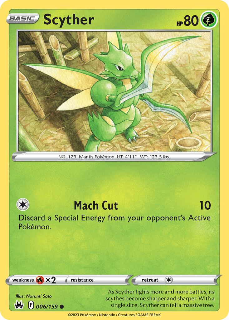As Scyther fights more and more battles, its scythes become sharper and sharper. With a single slice, Scyther can fell a massive tree.