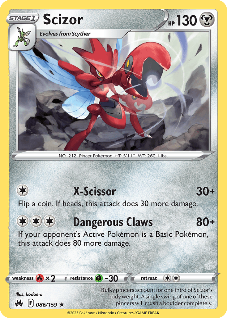 Bulky pincers account for one third of Scizor's body weight. A single swing of one of these pincers will crush a boulder completely.