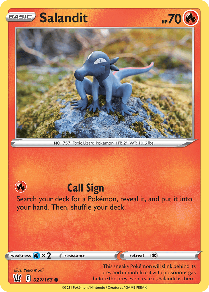 This sneaky Pokémon will slink behind its prey and immobilize it with poisonous gas before the prey even realizes Salandit is there.