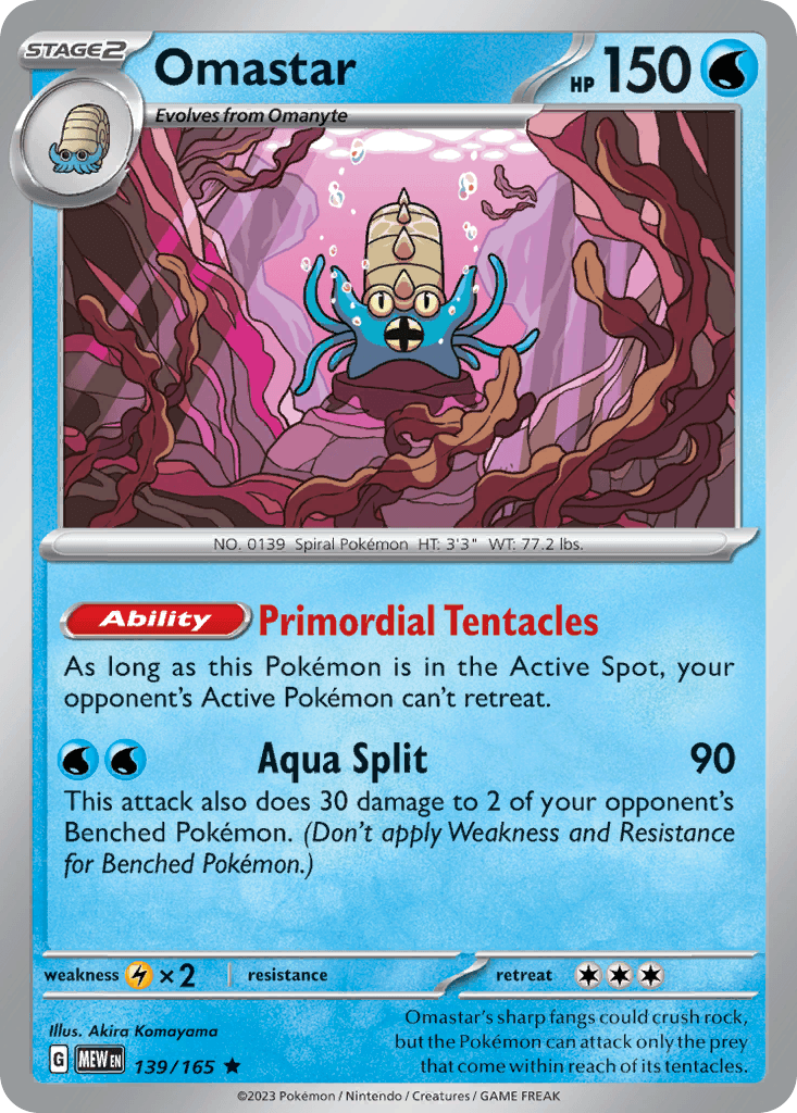 Omastar's sharp fangs could crush rock, but the Pokémon can attack only the prey that come within reach of its tentacles.