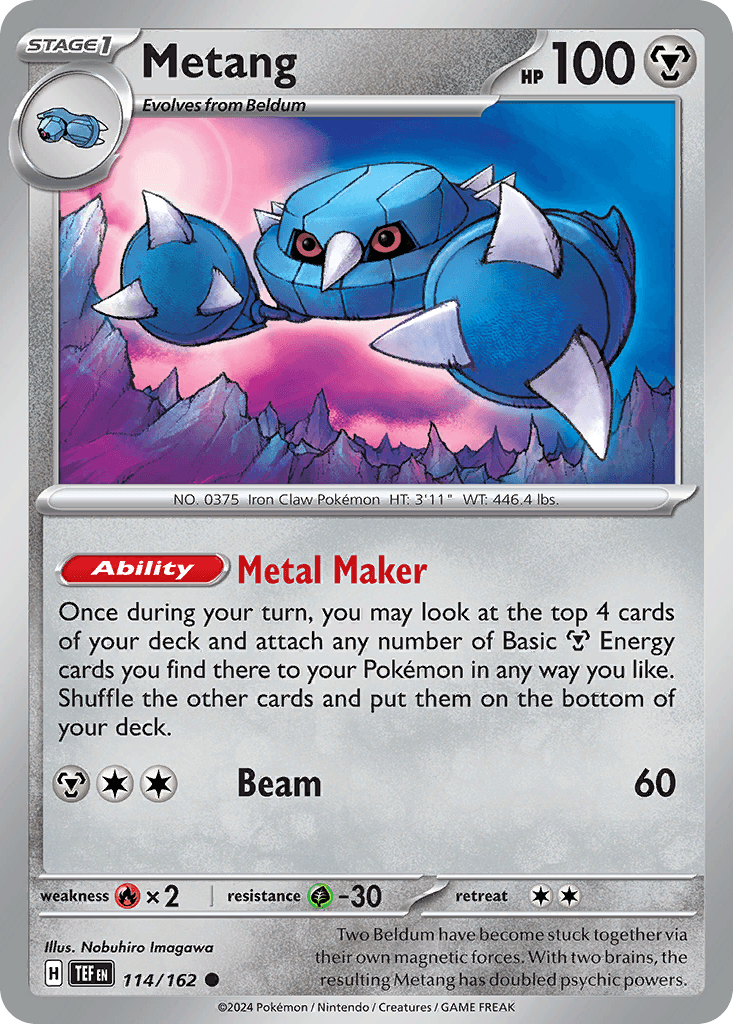 Two Beldum have become stuck together via their own magnetic forces. With two brains, the resulting Metang has doubled psychic powers.