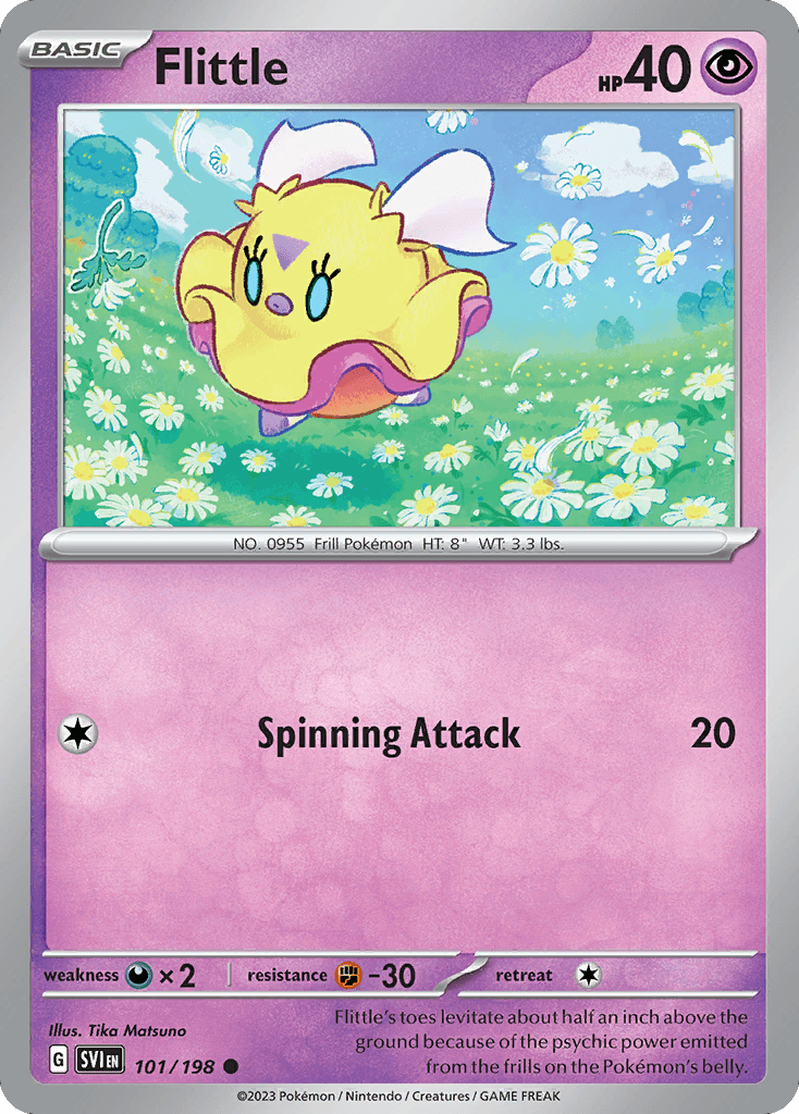 Flittle's toes levitate about half an inch above the ground because of the psychic power emitted from the frills on the Pokémon's belly.